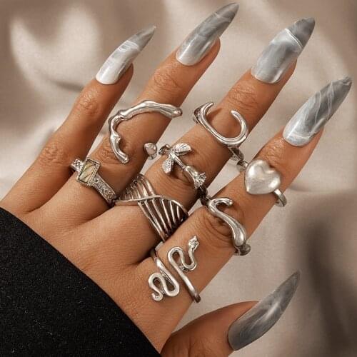8pcs/sets Vintage Silver Color Snake Heart Joint Ring Sets For Women Roseflowers Geometry Party Jewelry Anillo