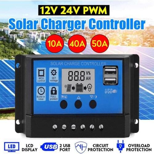 100A/50A/40A/10A Auto Solar Charge Controller LCD Dual USB 5V Output Solar Panel PV Regulator 12V/24V