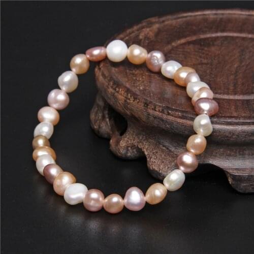 7-8 Genuine Baroque Natural Pearl Bangle Freshwater Tricolor Potato Pearls Bracelet Elastic Beaded for Girls Women Jewelry Gifts