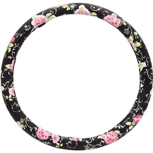 X Autohaux Black/White Flower Pattern Steering Wheel Cover Protector for Vehicle Car 37-38CM Universal Auto Car Decoration