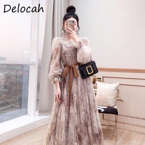 Delocah New 2021 Summer Women Fashion Designer Holiday Long Dress Lantern Sleeve Bow Sashes Print Ladies A-Line Dresses Vestidos