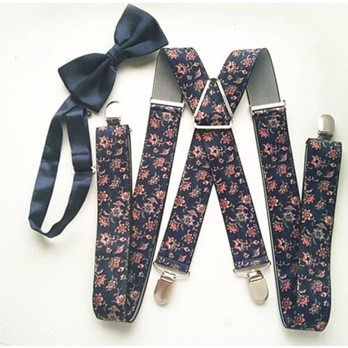 120CM Plus Size Adult supenders bowtie sets 3.5 width Flower print Strap X-back suspender bow tie set Men Women Wedding LB053