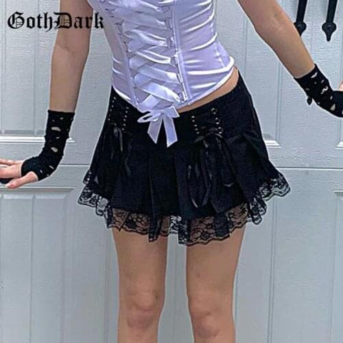 Goth Dark Lace Patchwork Gothic Mini Skirts E-Girl Y2k Pleated Sexy Black Lace Up A-line Short Dresses Women Autumn Streetwear