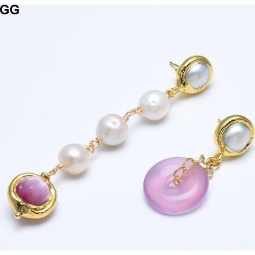GuaiGuai Jewelry Natural White Keshi Pearl Lavender Chalcedony Agates Gold Plated Pearl Stud Earrings Handmade For Women