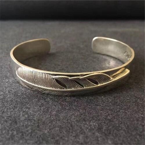 Indian Sterling Silver 925 Feather Cuff Bracelet For Men Thick Band Male Bangle Oxide Thai Silver Fashion Cool Men Jewelry Gifts