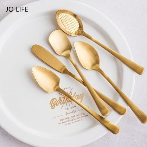 JO LIFE Royal Frosted Gold Dessert Tableware Fruit Spoon Professional Butter Spoon Ice Cream Cake Spoon
