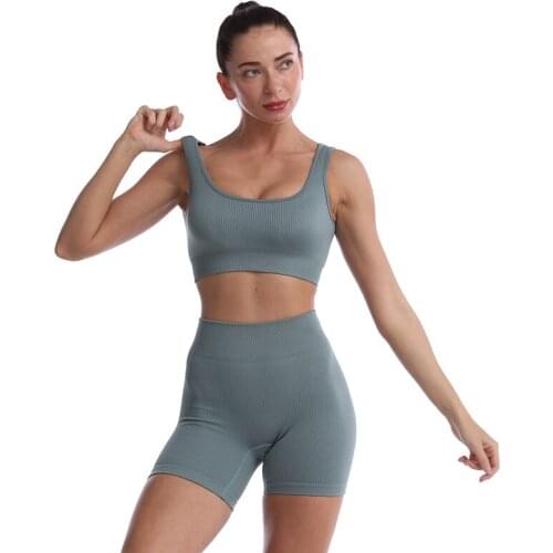 Summer Seamless Yoga Suit Sports Set Gym Clothes Fitness Women Sports Bra High Waist Yoga Shorts Sets Ribbed Workout Set Outfits