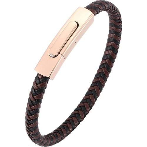 Fashion Unisex Jewelry Brown Braided Leather Women Bracelet Men Steel Clasps Male Wristband Casual Bracelets Bangles Gift SP0043