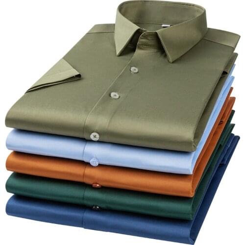 Mens Casual Thin Stretch Short Sleeve Dress Shirts Single Patch Pocket Standard-Fit Formal Work Office Solid Basic Male Shirt