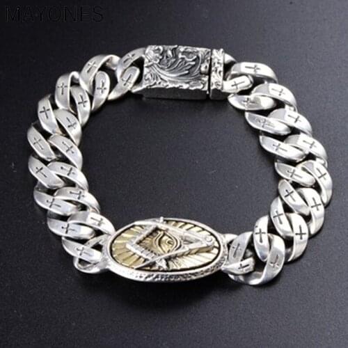 MAYONES Solid 925 sterling Silver men god eye cross bracelet Punk Rock Vintage Biker Jewelry collection bracelet bangle 19cm