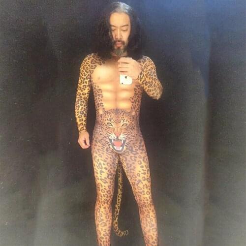 New Sexy Stage Fashion Men Leopard Tiger Nightclub DJ DS Dancer Costume With Tail