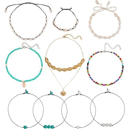 10 Pcs/Sets Charm Alloy Shell Adjustable Beads Necklace Vintage Bride Wedding Long Chain Choker Necklace Women