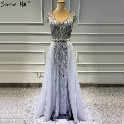 Dubai Short Sleeve Grey Sexy Prom Dresses Design 2020 Luxury Beading Sequined Prom Gowns Serene Hill BLA70010