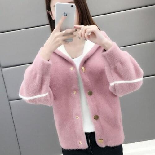 Fashion Mink Cashmere Hooded Cardigan Women Korean Single Breasted Plush Jacket Fall Warm Soft Long Sleeve Sweater Outerwear