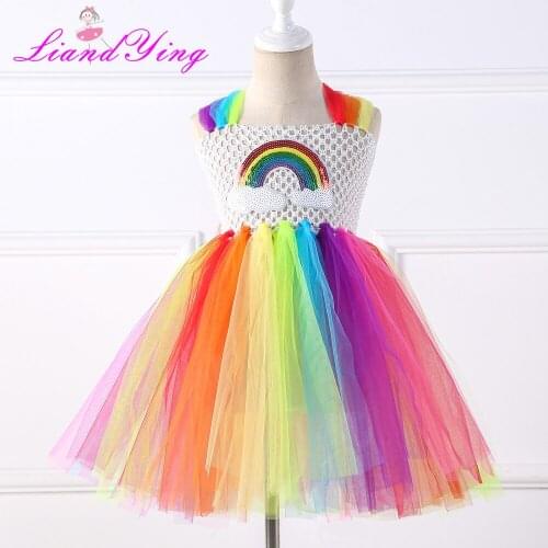 Flower Kids Girls Birthday Party Tutu Dresses Princess Rainbow Colorful Tulle Dress Toddler Baby Girls Wedding Dress