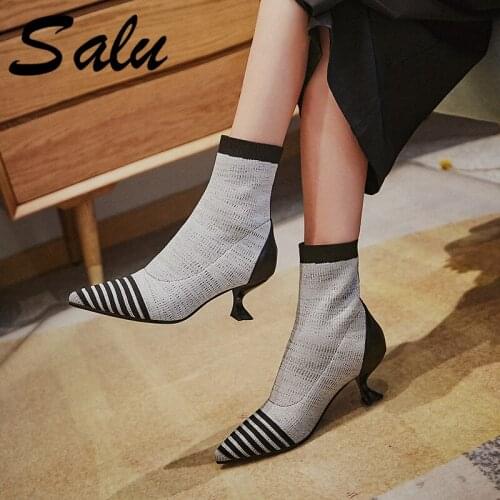 Salu New Knitting Leather Women Ankle Boots Thin High Heels Boots Woman Poined Toe Dress Shoes Woman Black Gray