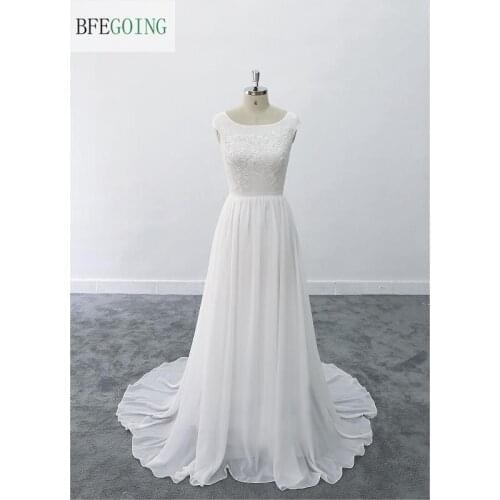 Ivory Chiffon Lace Scoop Bridal Gown Sleeveless Floor-Length Wedding Dress Chapel Train Custom Made