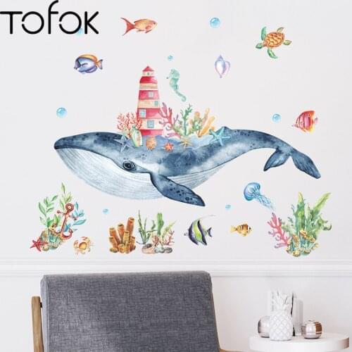 Tofok Watercolor Submarine Whale Castle Wall Sticker for Bedroom Art Sea Animals Self-adhesive Home Decor PVC Vinyl Wall Decals