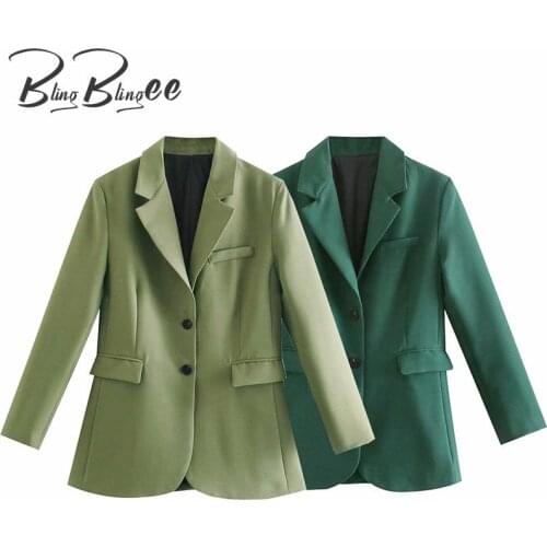 BlingBlingee Green Long Jackets 2021 Autumn Fashion Notched Collar Flap Pockets Single Breasted Woman Casual Blazers Female Coat