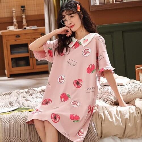 SLPBELY Women Nightgown Summer Cute Cartoon Sweet Lapel Nightdress Short Sleeve Cotton Nighgskrit Pyjamas Sleep Dress Plus Size