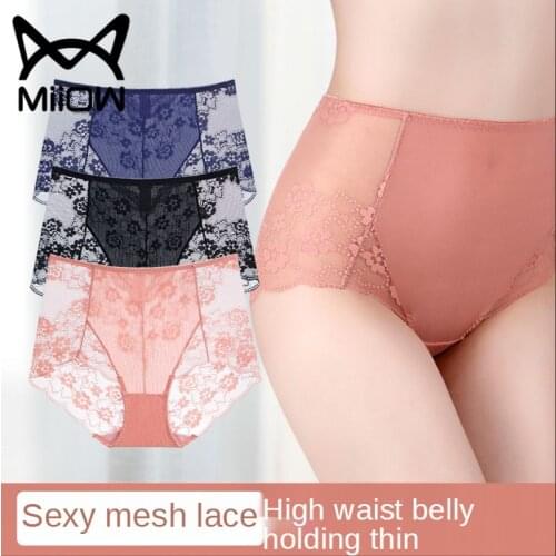 MiiOW Lace High Waist Belly Panties Womens Summer Thin Sexy Hollow Transparent Ladies Briefs