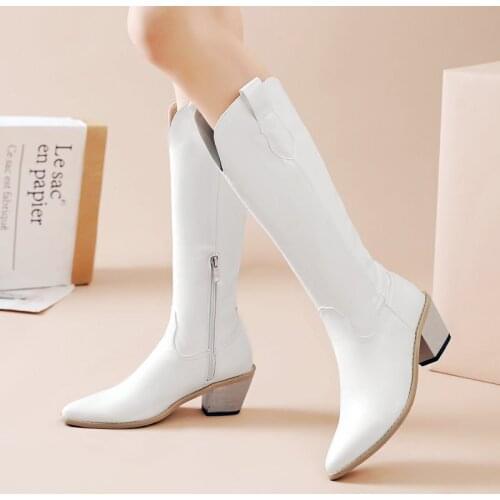 Spring Autumn Women Boots Fashion Wedges High Heel Knee High Boots Pointed Toe Zipper Winter Western Boots Shoes Size 42 43 44