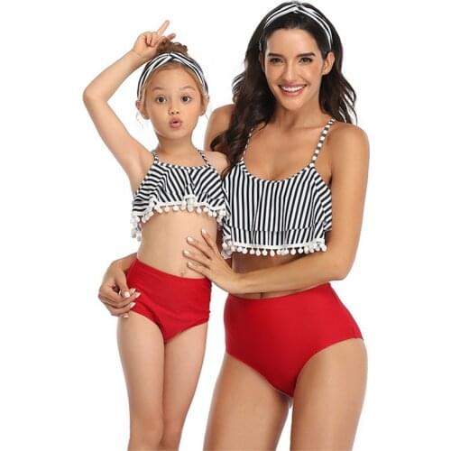 2020 Two Piece Swimsuit Mommy&Me Family Matching Bikini Set Striped Print Tassel Bathing Suit Family Matching Clothes C0704