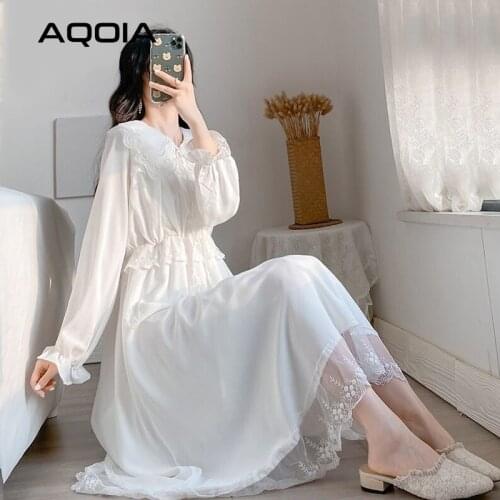 2021 Spring Elegant Lace Women Long Dress France Court Style Lantern Sleeve Peter Pan Collar Ladies Dresses Empire White Dresses