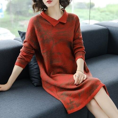 Winter Fall Woman Mum Green Orange Long Sleeve Loose Knit Pullover Sweater Dress , Autumn Casual 5xl Knitted Dresses For Woman
