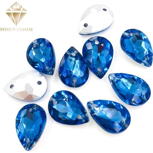 10X14/13X18mm water drop Light blue glass crystal pointback Double hole sew on rhinestones Diy dress wedding accessories