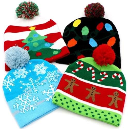 20Pcs High-quality Led Light Cotton Christmas Hat Knit Up Beanie Hat Cap Christmas Party Decoration New Year Gifts