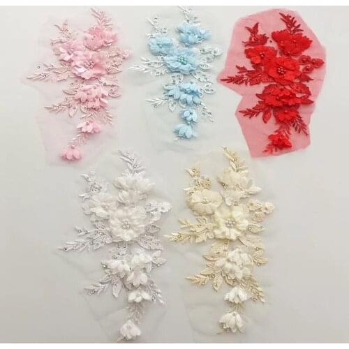 3 Pieces 3D Flowers Lace Applique Embroidery Patches Sew on Pacthes Lace Fabric Motif Clothes Decorated DIY Sewing Supplies