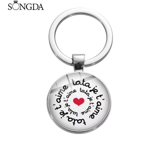 New Fashion Super Tata Keychain French Art Letter Glass Pendant Key Ring Holder for Maitresse Teacher Aunt Jewelry Gift