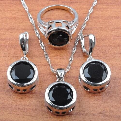 Black Cubic Zircon Wedding Jewelry Sets For Women Earrings Pendant Necklace Rings Dubai Bridal Jewelry JS0146