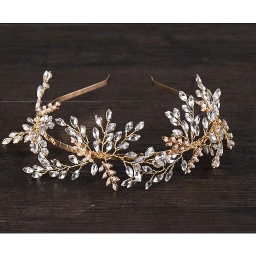 Eelgant Crystal Bridal Flower Faux Pearl Crystal Leaves Wedding golden Headband Women Hairband Bridal Jewelry Hair Accessories