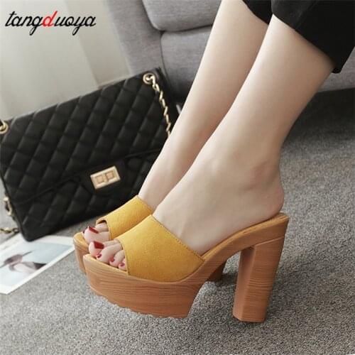 Sexy Summer Shallow Leisure Flock Square Heel Womens slippers Wear for outside Gladiator Women Shoes high heel slippers sandals