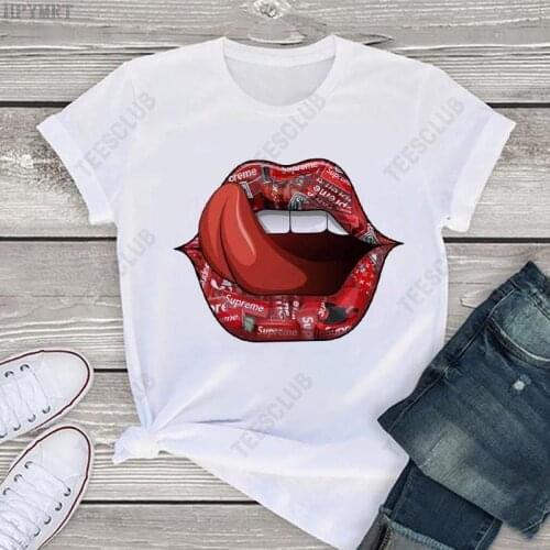 Tees Women Lips Print T Shirts Casual Simplicity Short Sleeve Loose All Match Fashion Tees Students Summer Breathable Soft Top