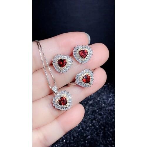 Garnet Set Natural And Real Garnet Jewelry set 925 sterling silver 1pc Ring,1pc Pendant,2pcs Earring