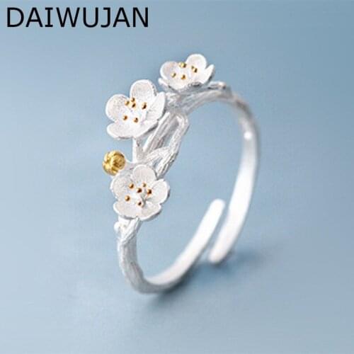 DAIWUJAN Creative 925 Sterling Silver Flower Adjustable Ring Elegant Handmade Plum Blossom Open RIng For Women Party Jewelry