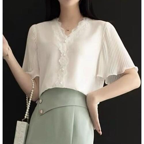 Summer Womens Top and Blouse New Short-sleeved Ruffled Sleeve Soft Lace Shirt V Collar White Top Elegant Chiffon Blouse 14270