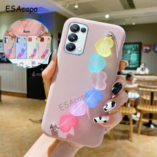 Cute Love Heart Wrist Chain Cover For OPPO Reno 5 4 Pro 5Z 4SE 5G 5F 4F Wristband Soft Silicone Phone Case For OPPO F19 Pro Plus