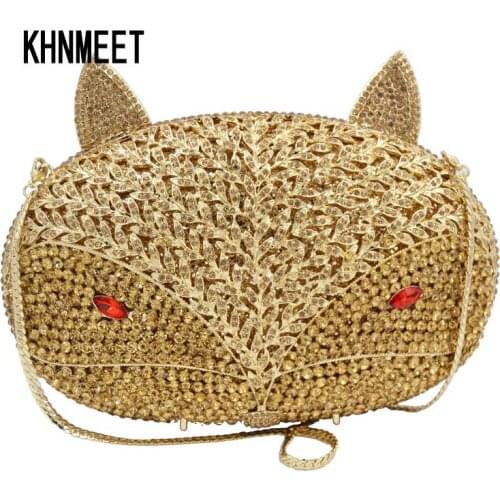 Fashion Animal Designer evening Bag Gold fox Luxury Clutch Crystal Bag chain Mini Handbags Ladies banquet bags Wedding Purse 610