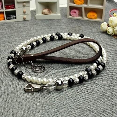 Fashion Black And White Pearl Diamond Ball Pet Dog Chain Leash Walking Jogging Leads Pet Dog Cat Leash Supplies Pets Accessory