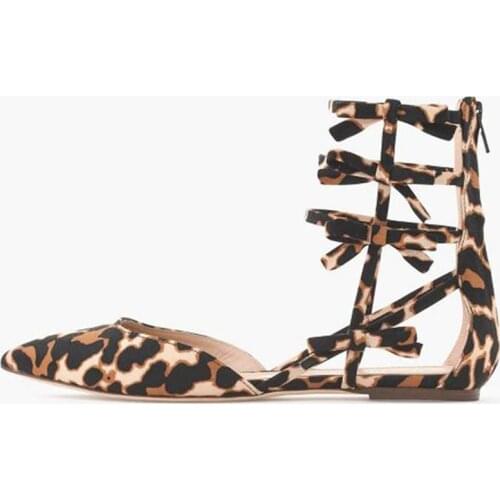 Fashion Leopard Faux Suede Bowtie Strap Ankle Boots Flat Pointed toe Sandals Boots Ladies Summer Gladiator Bottines Women