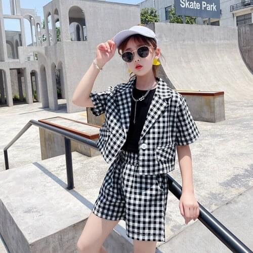 Baby Girl Fashion Suit Summer 2021 New Retro Plaid Short Suit Jacket Shorts Three-piece Childs Clothes Kids Clothing for Girls