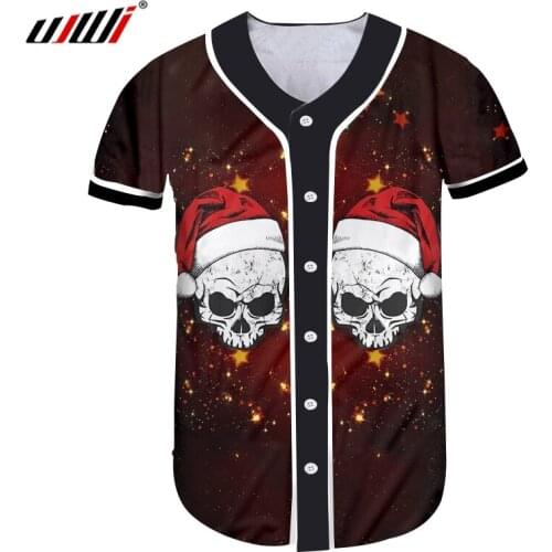 UJWI Mens Christmas Hat Pattern Baseball Shirt 3D Printed Yellow Star And Funny Skull Man The New Listing Clothing Tshirt