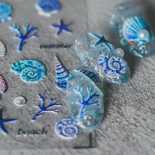 New 5D Engraved Nail Sticker Blue Color Shell Starfish Charm Desgin Empaistic Nail Slide Decals Z0506