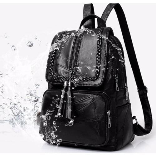European American Fringed Solid Color Backpack Women Black Travel Birthday Gift Simple Fashion Bag Zipper