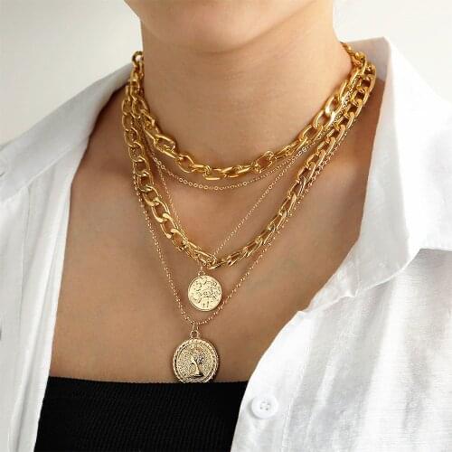 PHYANIC Punk Gold Portrait Coin Pendant Necklace For Women Cuban Multilayer Chunky Thick Chain Choker Necklaces Gothtic Jewelry