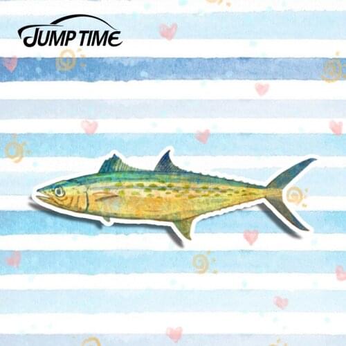 Jump Time 13cm x4.3cm Spanish Mackerel Vinyl Warp Fishing Decal Car Stickers Decal For Car Body Windshield Bumper DIY 3D Sticker